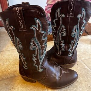 Dark Brown Western Cowboy Boots with Turquoise Stitching